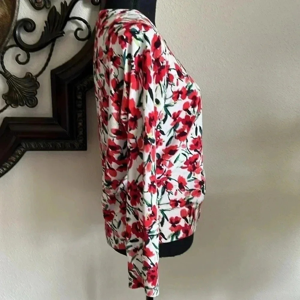 Land’s End Women’s Crewneck Cardigan Red Green Black Pink Floral Size M/P 10-12 - Picture 9 of 13